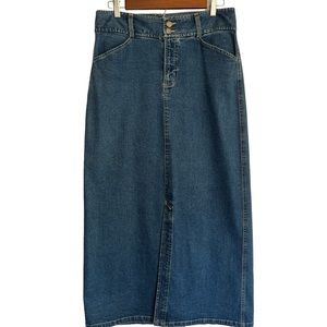 Caribbean Joe Blue Jean Maxi Skirt Size 10 Stretch Denim Pockets Front Slit Long